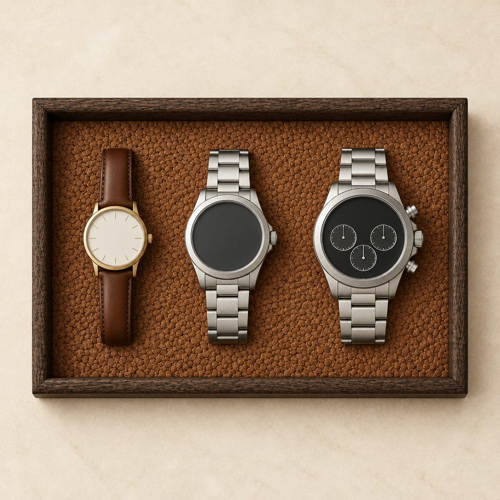 Woven valet tray with a dark wood-grain frame, from above, with watches of different sizes