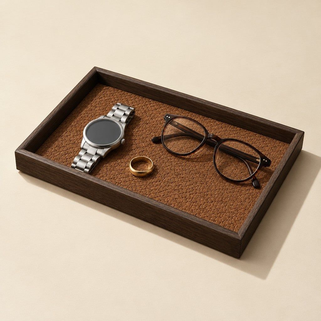 Woven valet tray with a dark wood-grain frame, three-quarter view